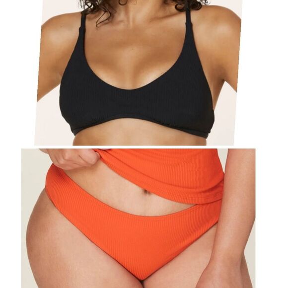 Andie Bikini Set Valencia Top Bikini Bottom Ribbed Black Orange size M NWT - Picture 1 of 14